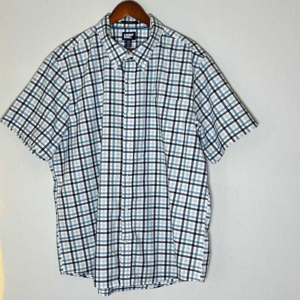 Lands' End Men's Short Sleeve No Iron Twill Shirt Traditional Fit Blue White